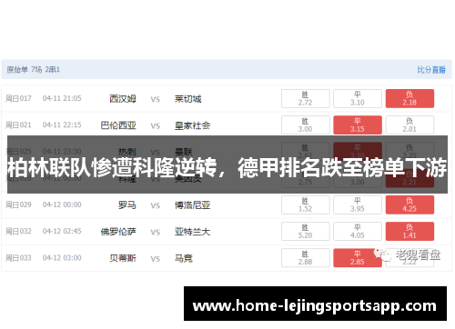 柏林联队惨遭科隆逆转，德甲排名跌至榜单下游